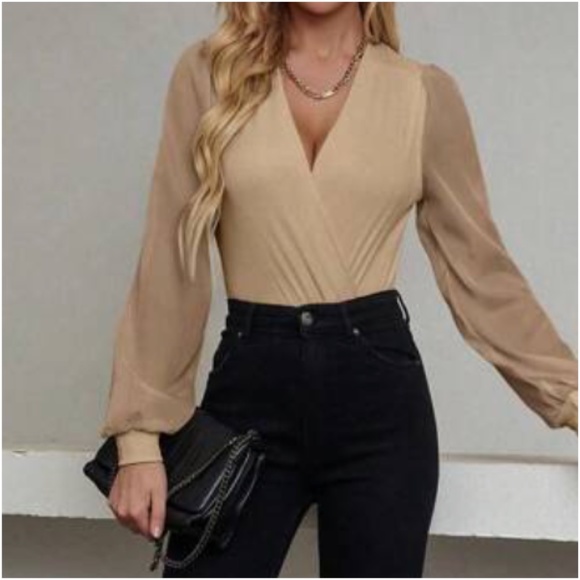 Khaki v neck overlap Long sleeve bodysuit - Picture 3 of 4